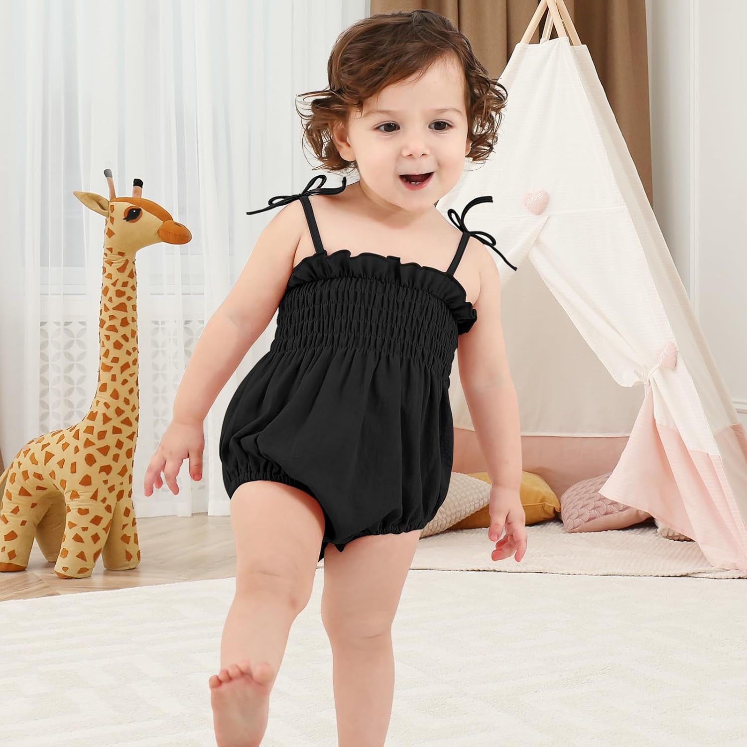 Baby Girl Romper Summer Toddler Baby Girl Clothes Sleeveless Smocked Bodysuit Infant Bow Shoulder One-Piece Jumpsuit