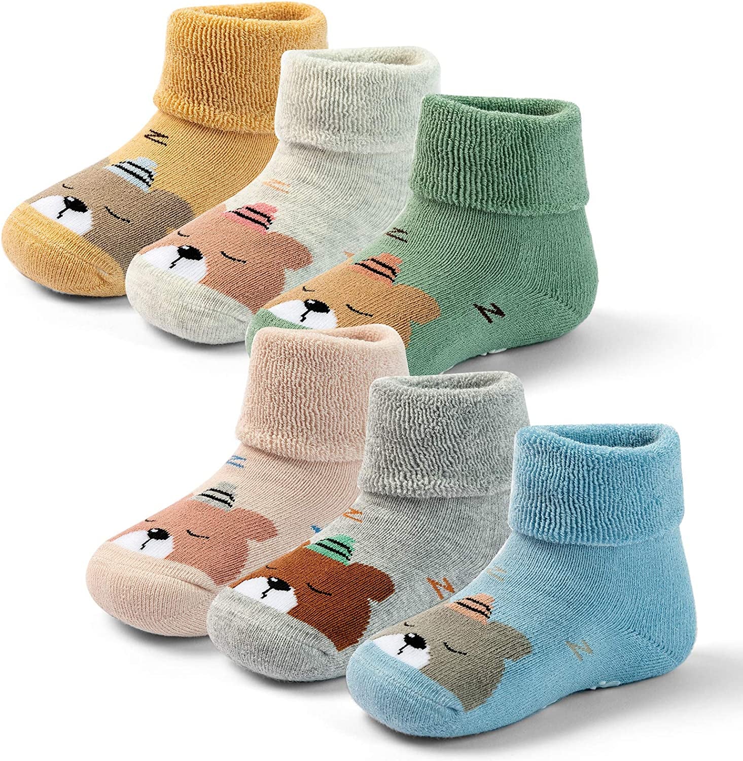 Baby Warm Socks with Grips for Baby Boys Non Slip Winter Socks Baby Girls Thick Crew Socks 6 Pack 6-12 Months Mix 5912