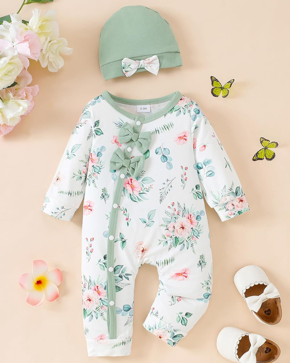Newborn Baby Girl Clothes Long Sleeve Romper Infant Fall Winter Outfits Floral Hat Jumpsuit Preemie Girl Clothes