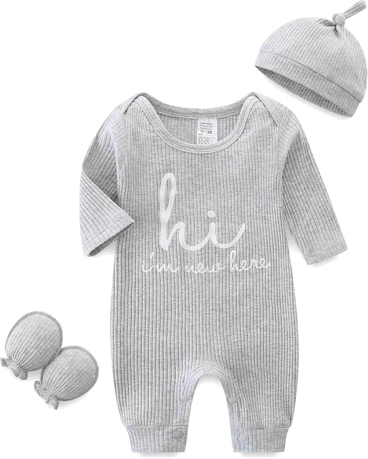Unisex Newborn Baby Onesie Ribbed Romper Infant Long Sleeve Jumpsuit Hat and Gloves