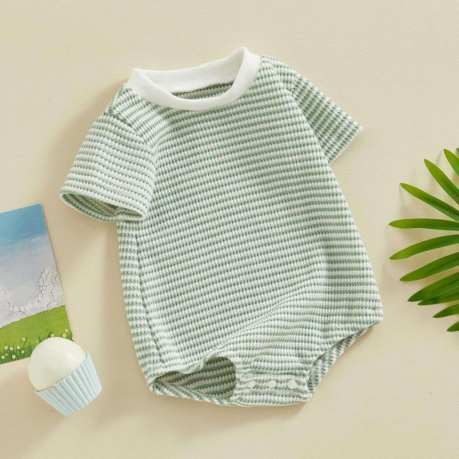 Unisex Baby Boy Girl Striped Romper Waffle Short Sleeve Bubble Oversized Romper Bodysuit Summer Onesie Clothes