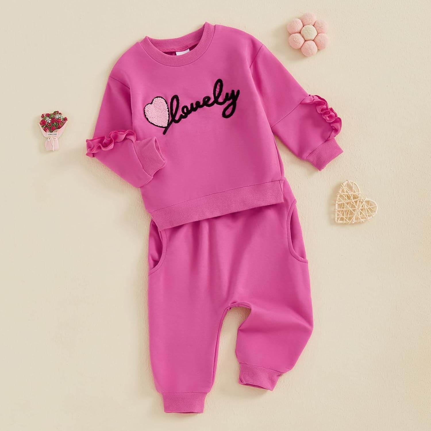 Toddler Baby Girl Valentines Day Outfit Long Sleeve Lovely Embroidery Sweatshirt Long Pants 2Pcs Clothes Set