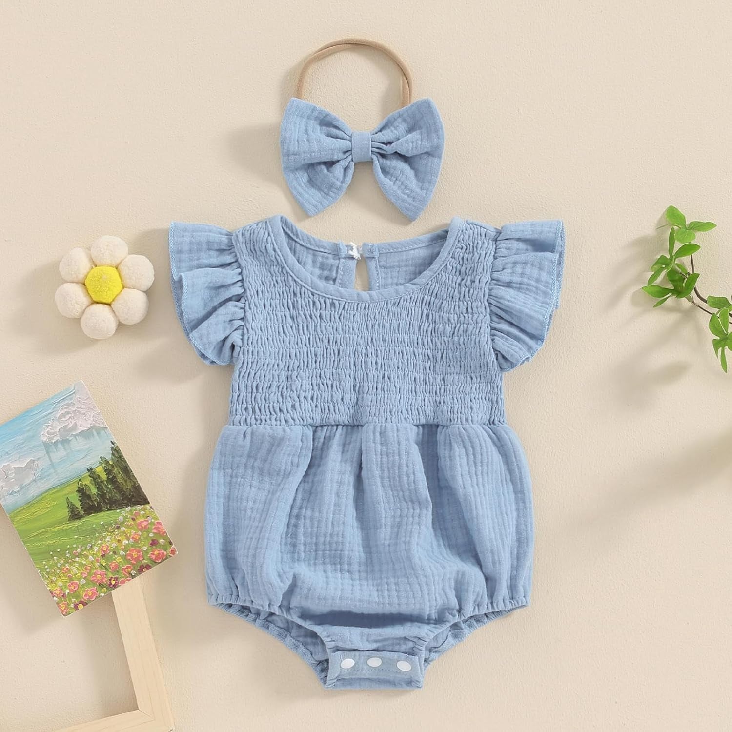 Newborn Baby Girl Clothes Ruffle Sleeve Solid Smocked Bubble Romper Jumpsuit Bow Headband Cute Summer Clothes