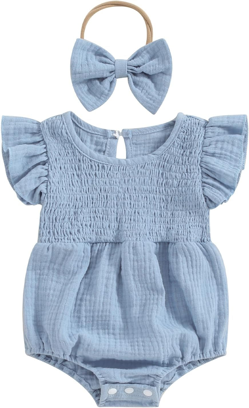 Newborn Baby Girl Clothes Ruffle Sleeve Solid Smocked Bubble Romper Jumpsuit Bow Headband Cute Summer Clothes