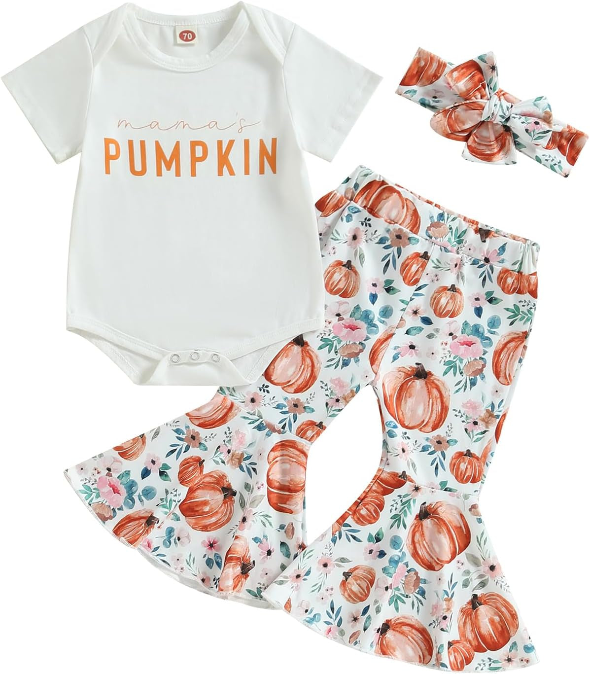 Infant Baby Girl Halloween Outfit Long Sleeve Romper Mamas Pumpkin Bell Bottoms Headband Set Cute Newborn Fall Clothes