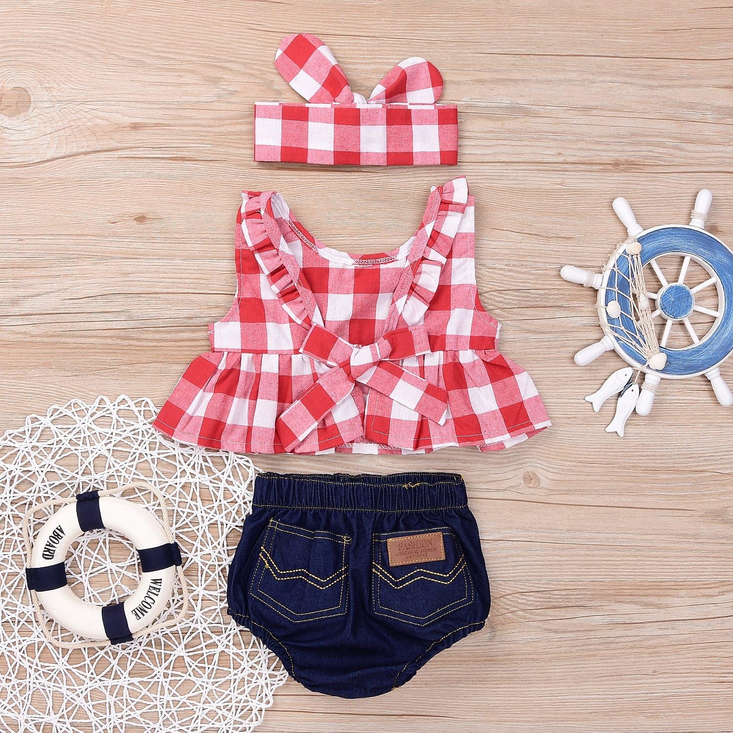 Baby Girls Plaid Ruffle Bowknot Tank Top+Denim Shorts Outfit with Headband
