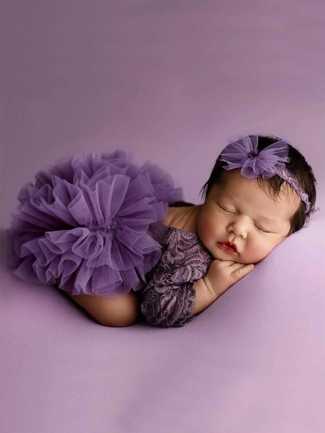 Newborn Girl Photoshoot Outfits– Pink Lace Romper + Headdress, 1 Month Baby Girl Photo Props Clothes for Newborn Photos