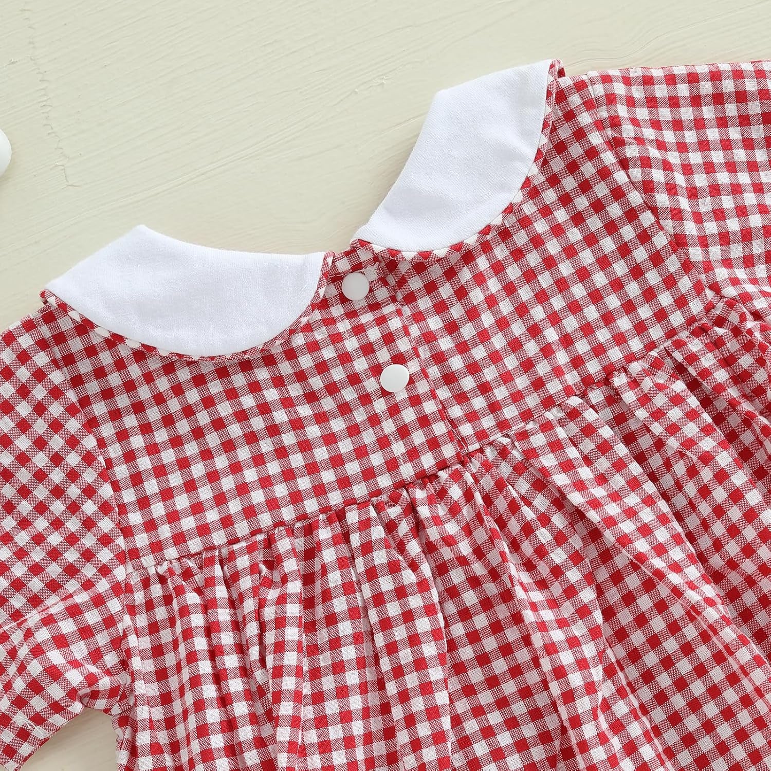 Newborn Infant Baby Girl Bubble Romper Fire Truck Doll Collar Short Sleeve Smocked Onesie Plaid Jumpsuit