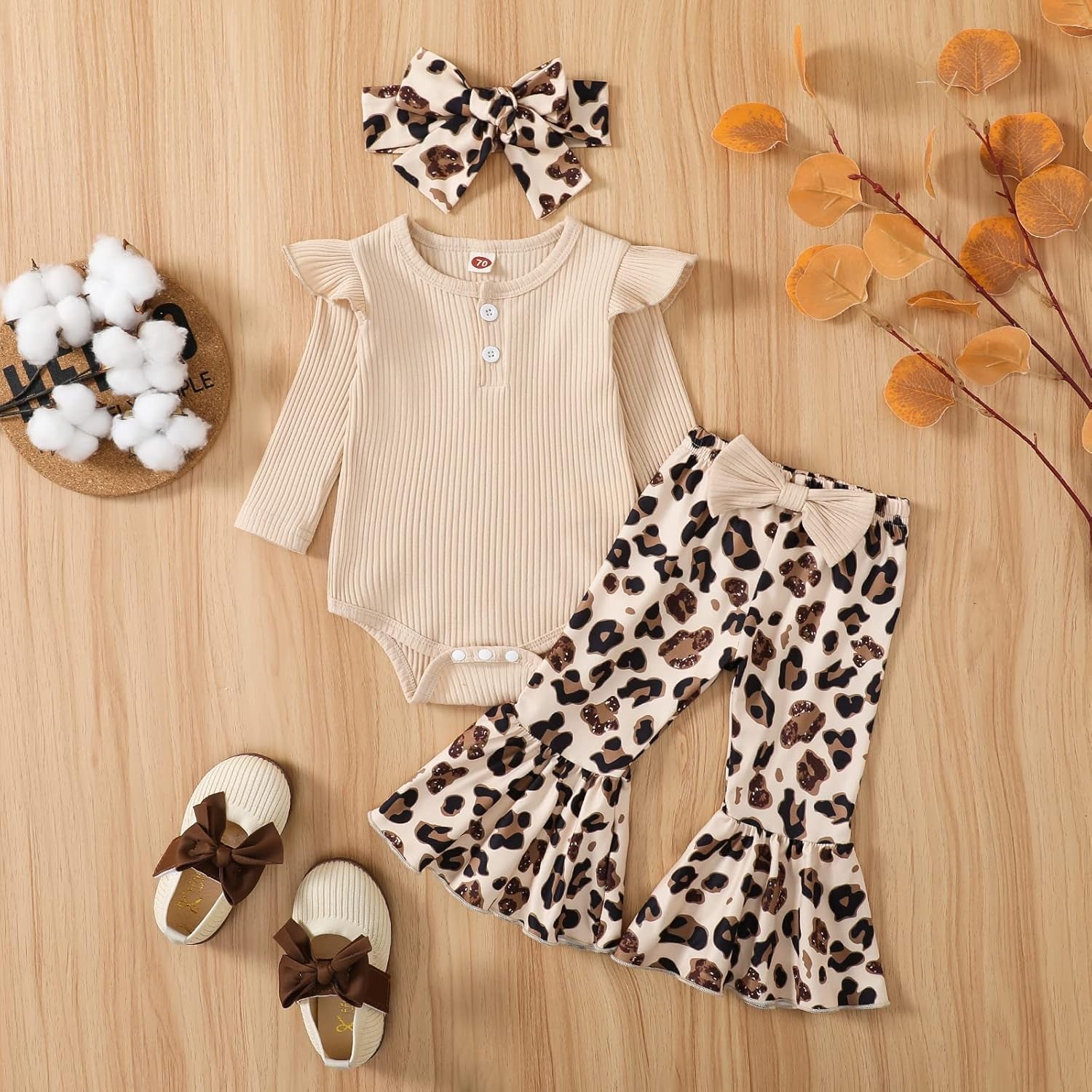 Newborn Baby Girl Clothes Infant Rib Frill Long Sleeve Romper Flared Pants Headband Set 3Pcs Fall Winter Outfits