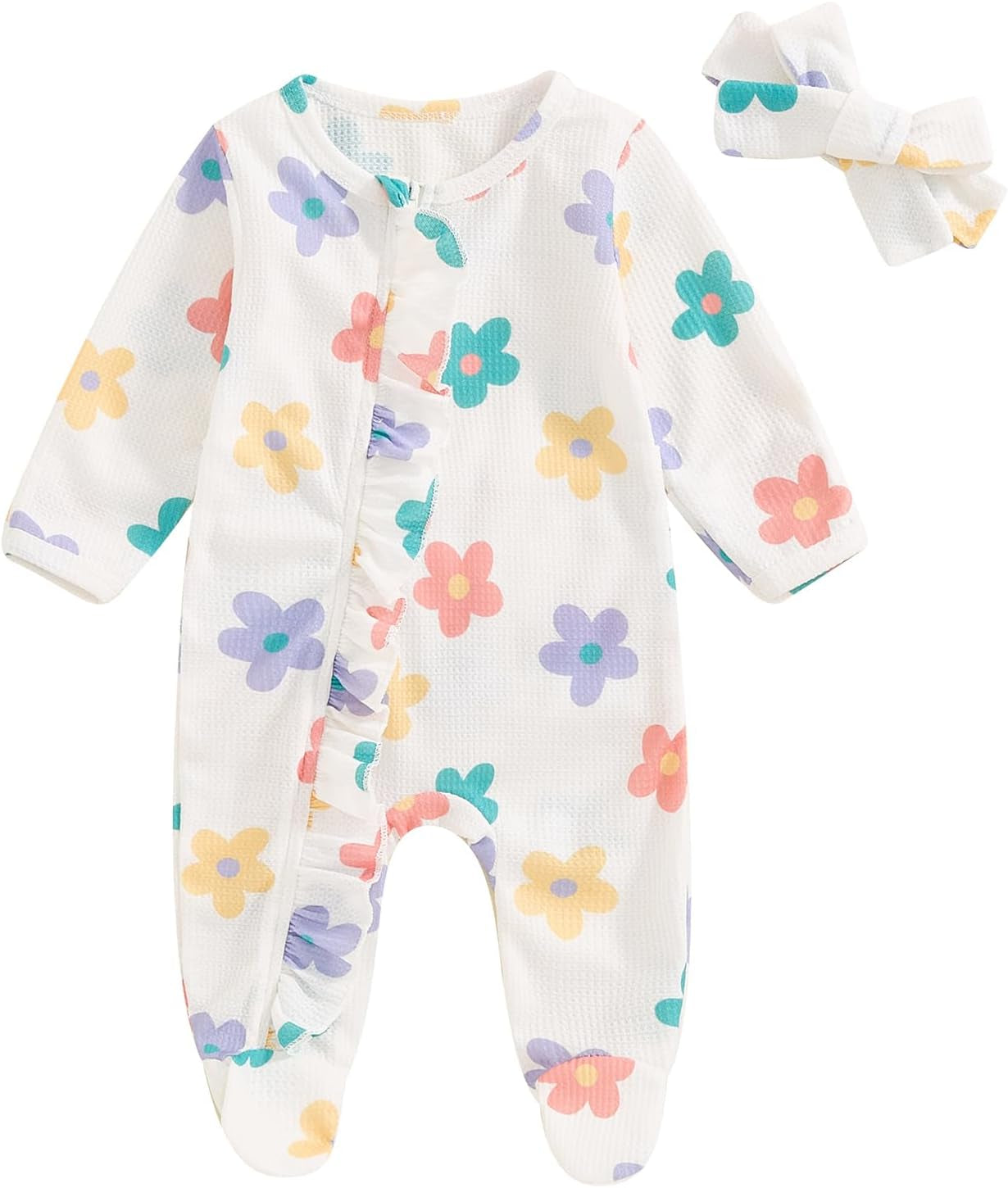 Newborn Outfits Baby Girl Floral Print Ruffle Romper Jumpsuit Long Sleeve Zipper Bodysuit Fall Winter Clothes