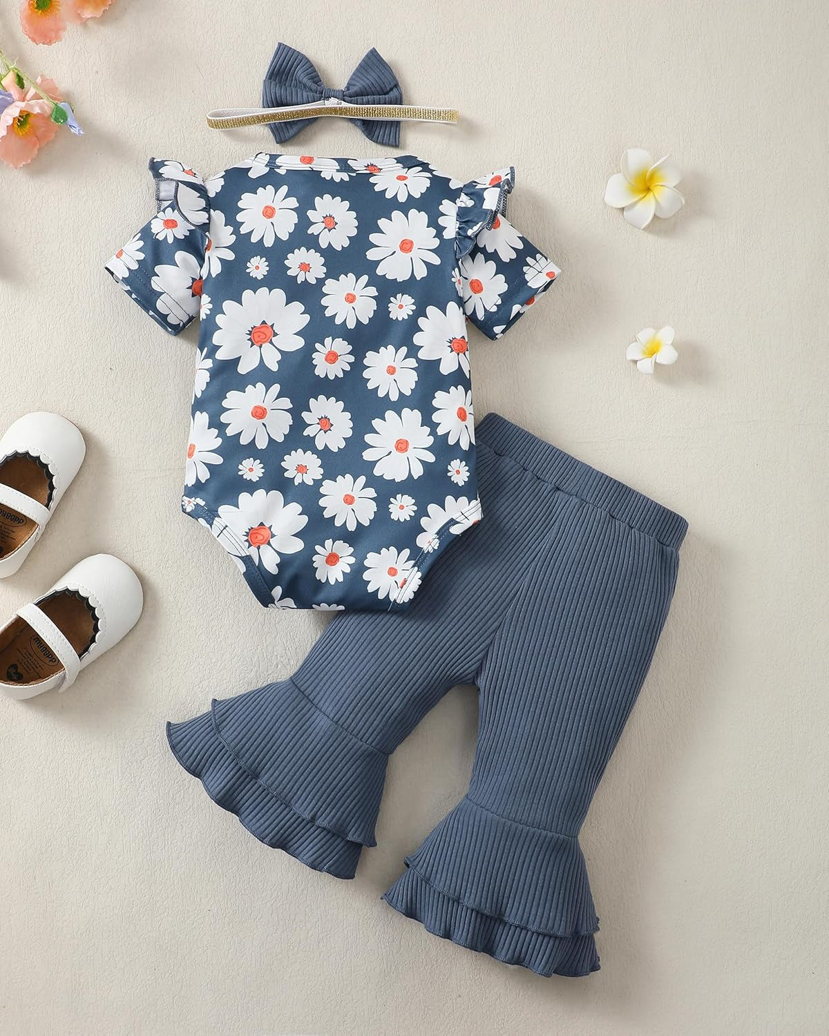 Baby Girl Clothes Ruffle Short Sleeve Romper Long Pants Set with Headband Newborn Infant Outfits