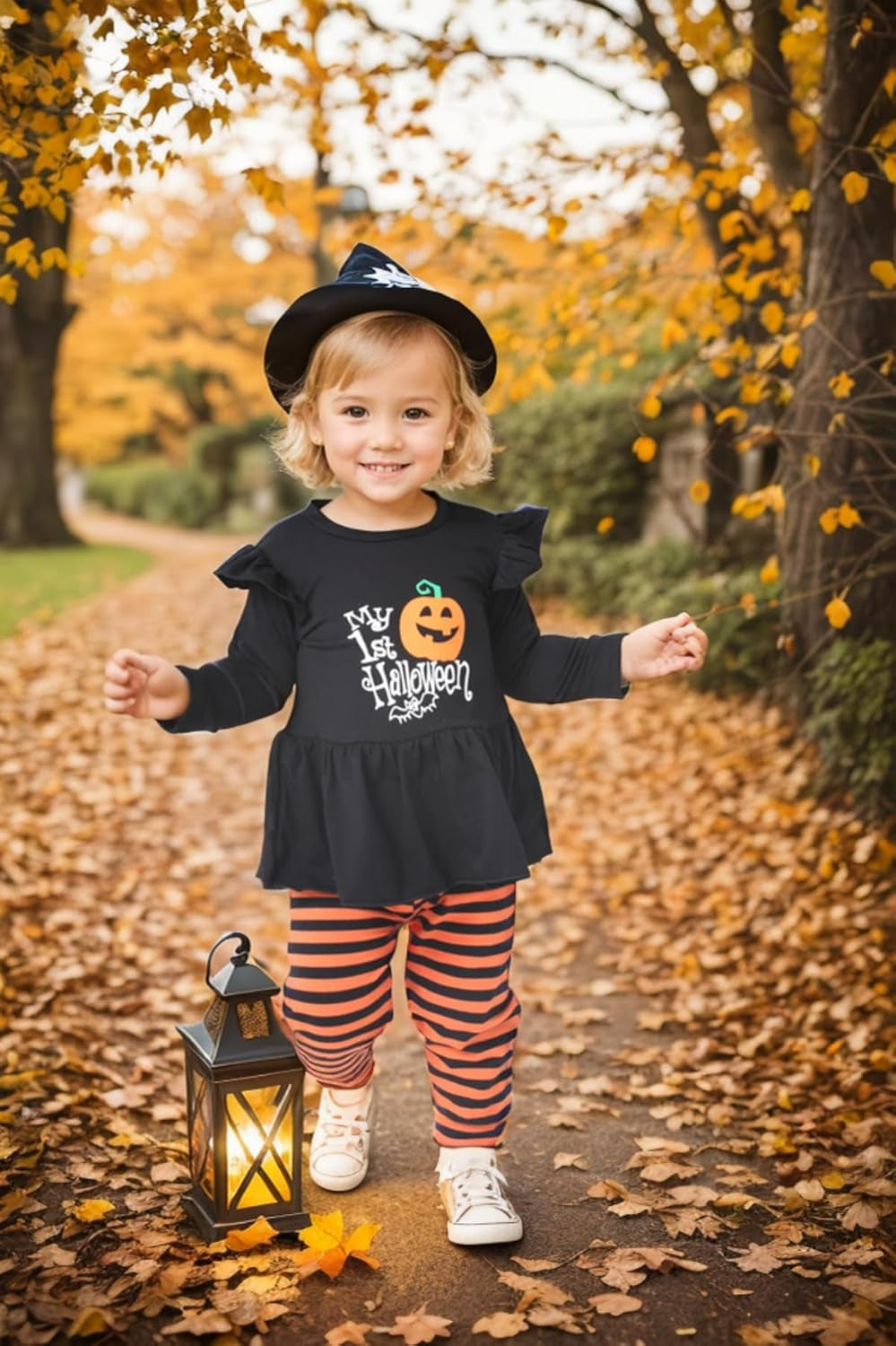 My 1St Halloween Baby Girl Outfits Ruffle Pumpkin Print Tunic Drees Shirt Stripe Pants Legging Fall Winter Clothes