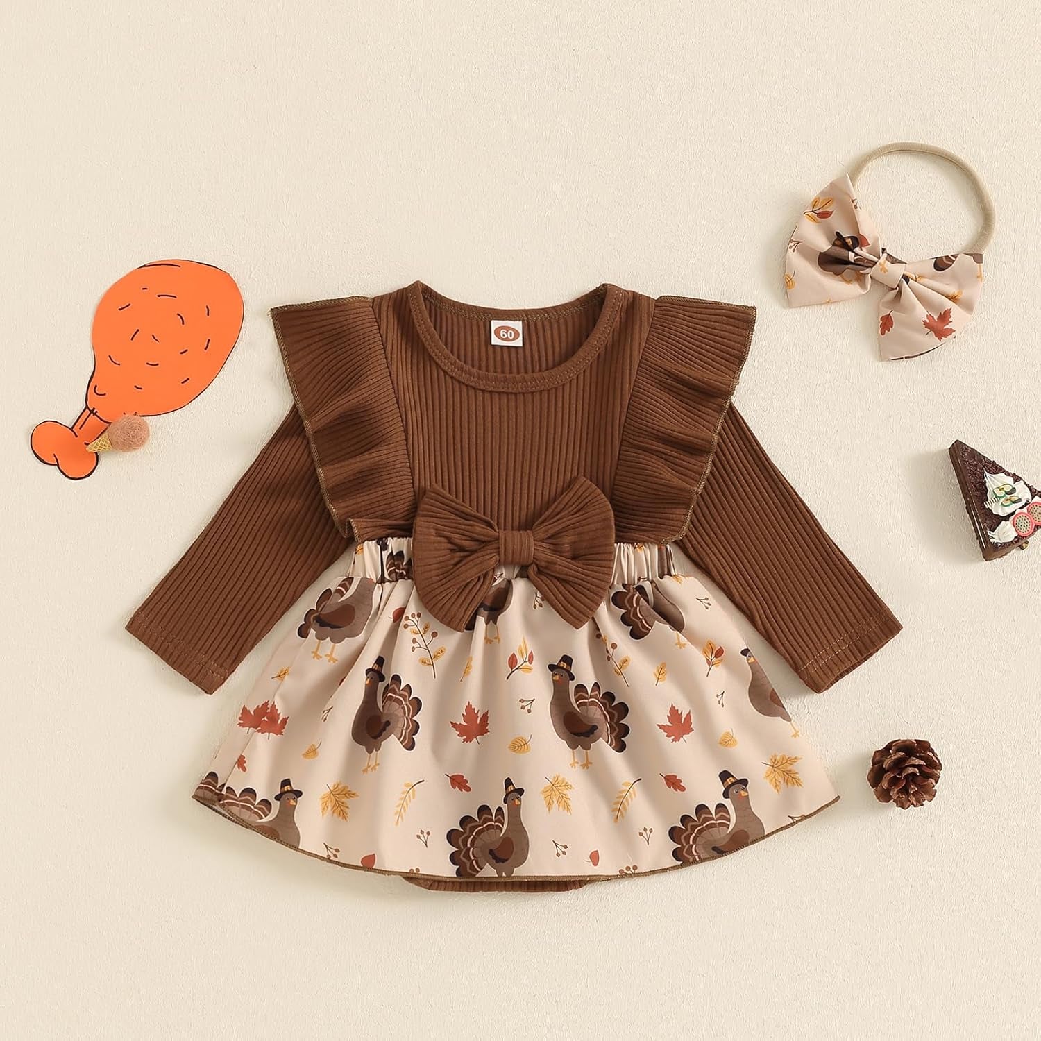 Baby Girl Thanksgiving Outfit Newborn Outfit Ribbed Ruffle Romper Dress and Headband Cute Fall Clothes