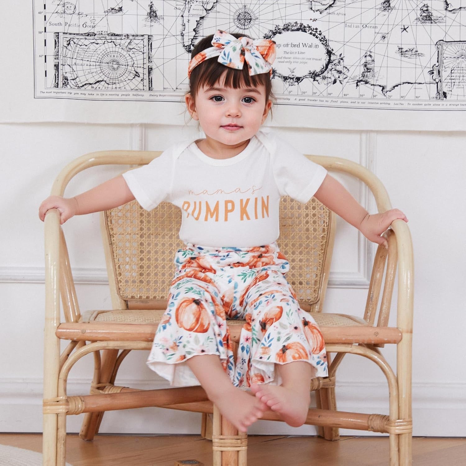 Infant Baby Girl Halloween Outfit Long Sleeve Romper Mamas Pumpkin Bell Bottoms Headband Set Cute Newborn Fall Clothes