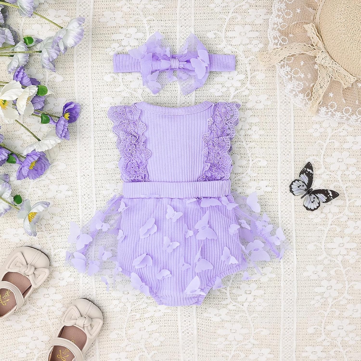 Baby Girl Summer Clothes Cute Newborn Girl Outfits Sleeveless Lace One Piece Romper + Headband 2Pcs Set 0-12 Months