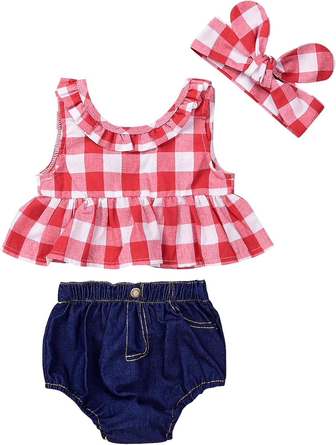 Baby Girls Plaid Ruffle Bowknot Tank Top+Denim Shorts Outfit with Headband