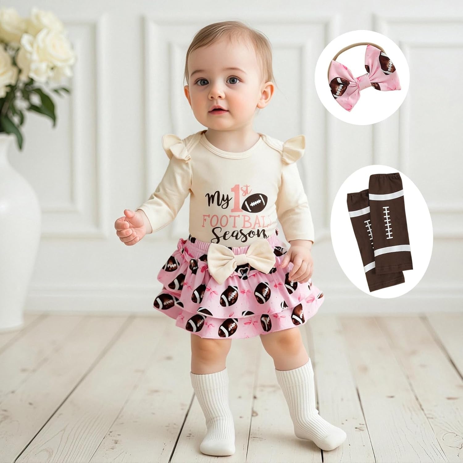 Newborn Baby Girl Football Outfit Game Day Rugby Print Romper with Tulle Skirt Set Headband 3Pcs Cute Summer Clothes