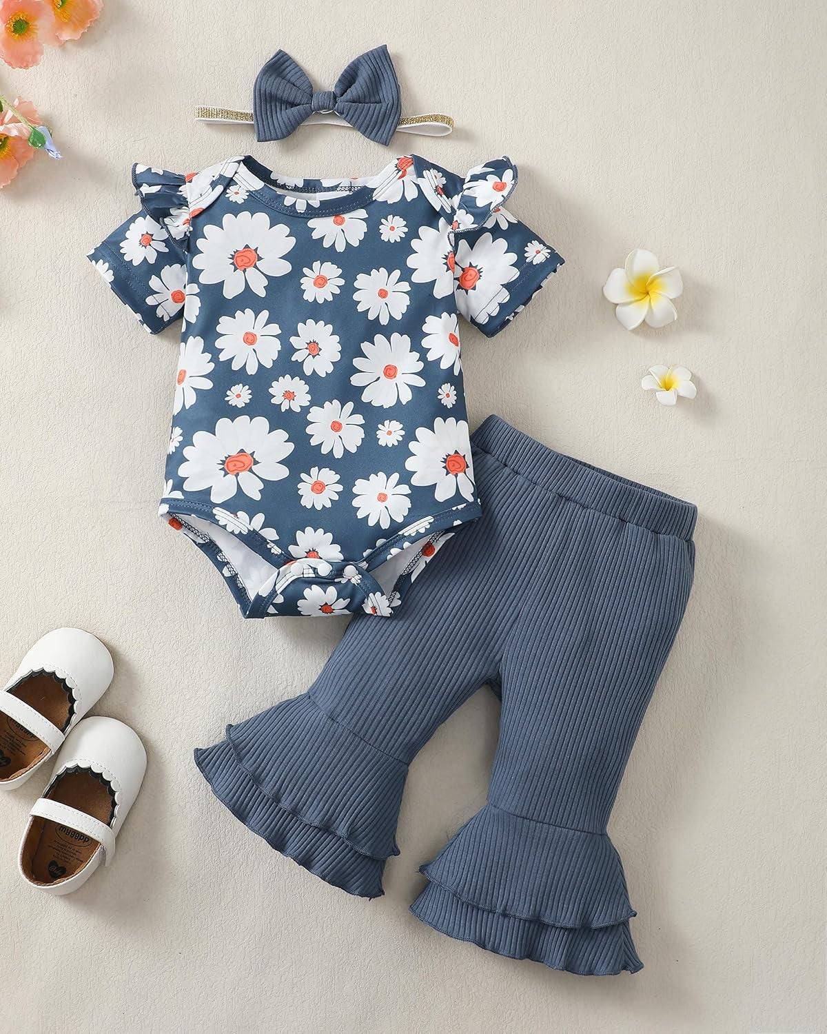 Baby Girl Clothes Ruffle Short Sleeve Romper Long Pants Set with Headband Newborn Infant Outfits