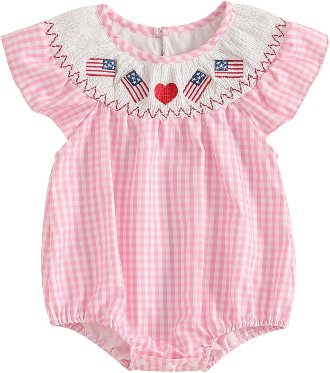 Fourth of July Smocked Bubble Romper Baby Girl American Flag Gingham Bodysuit Summer Baby Outfit