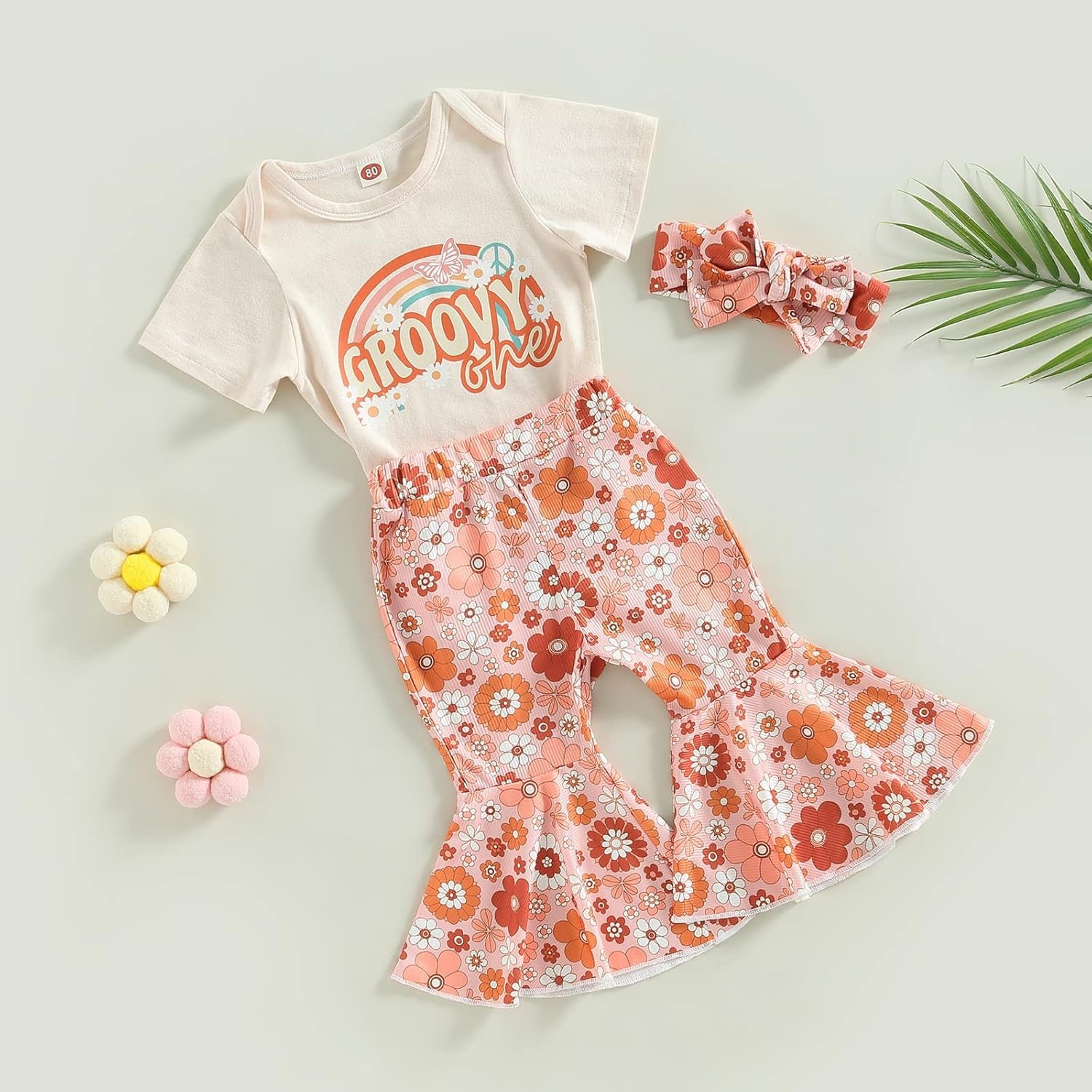 Toddler Baby Girls Birthday Outfits Letter Tassel Shirt Donut Cake Floral Flared Long Pants Headband 3Pcs Summer Set