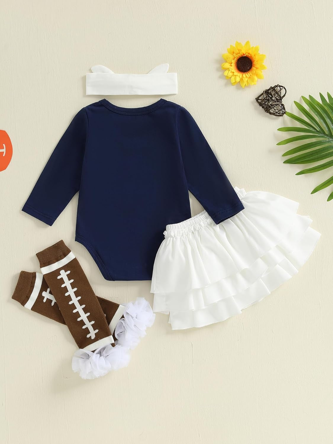 Baby Girl Football Outfit Long Sleeve Romper Elastic Skirts Football Stocking Headband Infant Newborn Clothes