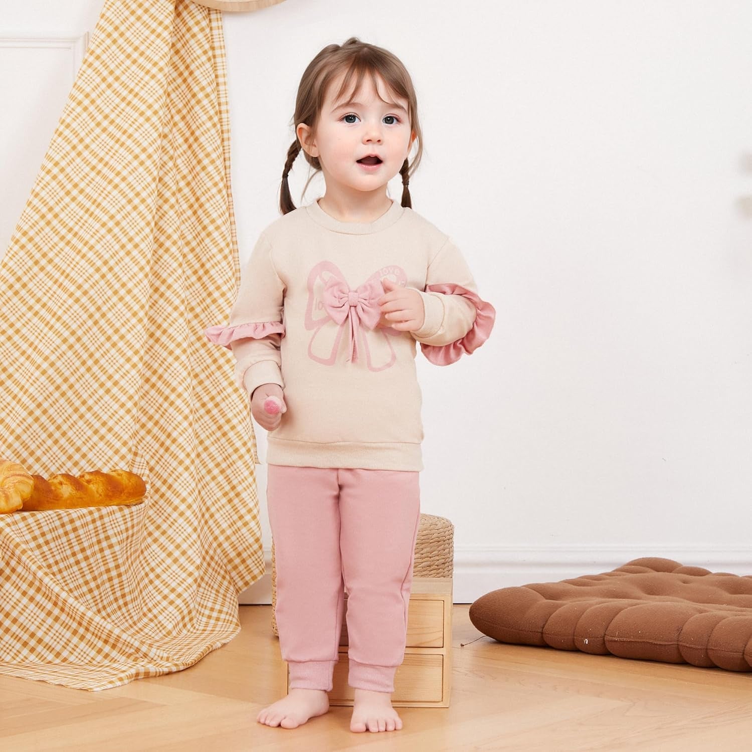 Baby Girl Clothes Toddler Fall Winter Outfit Ruffles Crewneck Bow Pullover Sweatshirt + Joggers Pants Set