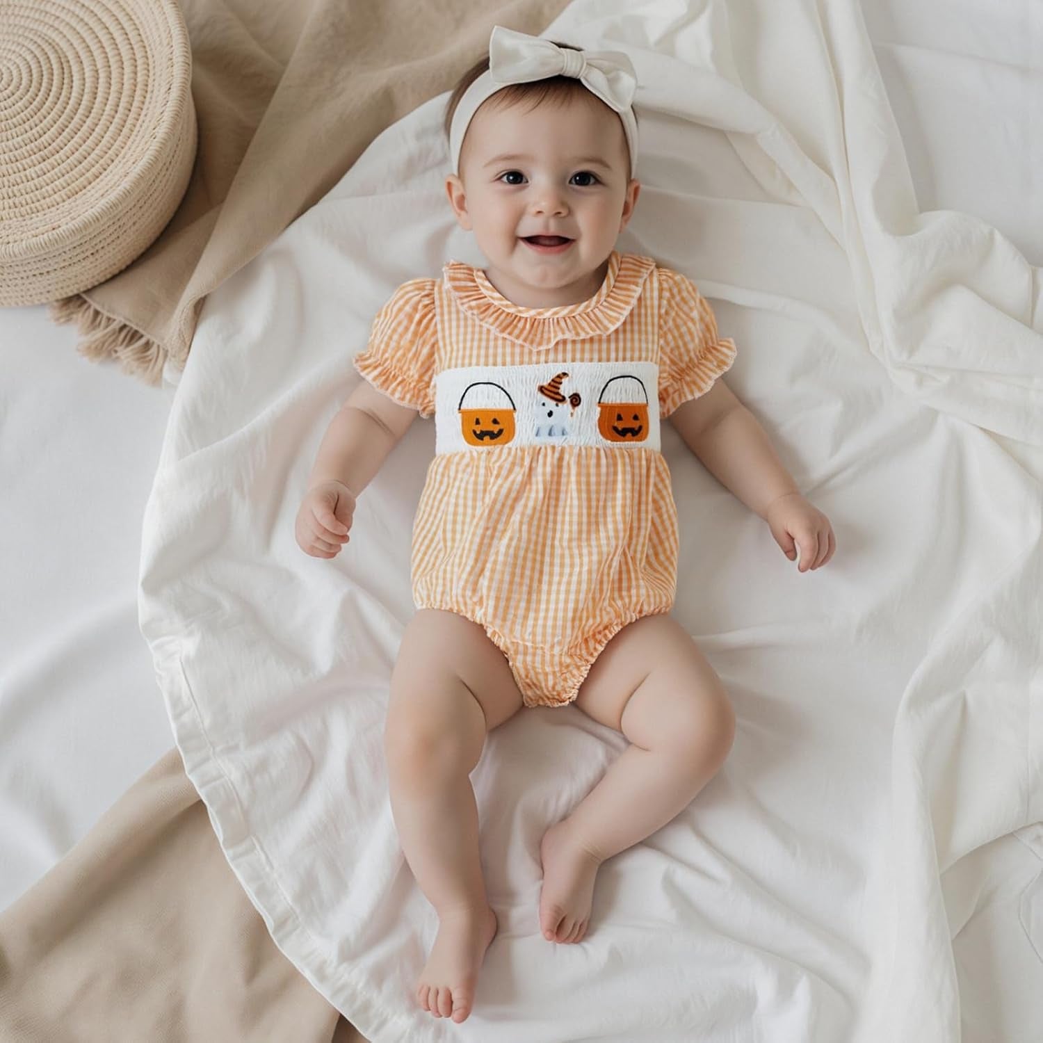 Halloween Baby Clothes Newborn Spider Cat Striped Smocked Romper Infant Bubble Onesie Bodysuit Shirt Fall Outfit