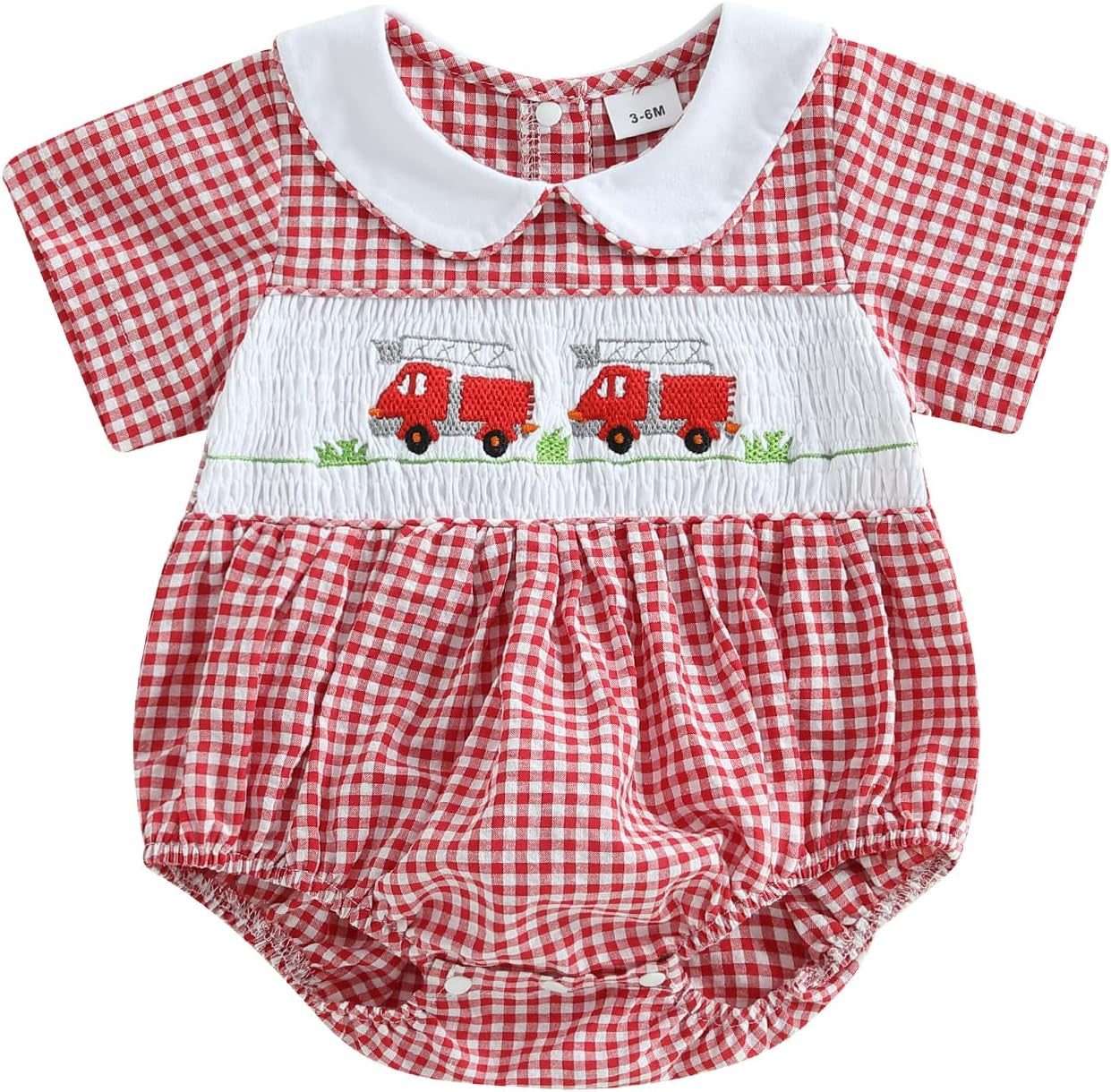 Newborn Infant Baby Girl Bubble Romper Fire Truck Doll Collar Short Sleeve Smocked Onesie Plaid Jumpsuit
