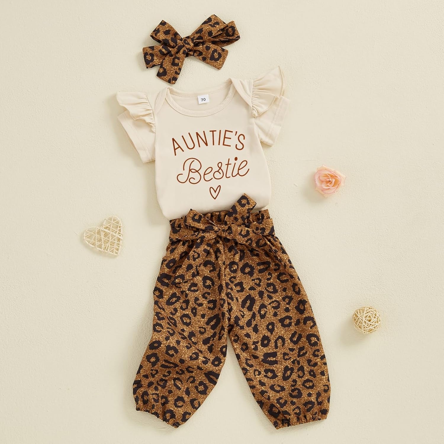 Aunties Bestie Baby Girl Clothes Aunt Saying Letter Embroidery Ruffle Romper Leopard Pant Headband 3Pcs Summer Outfit