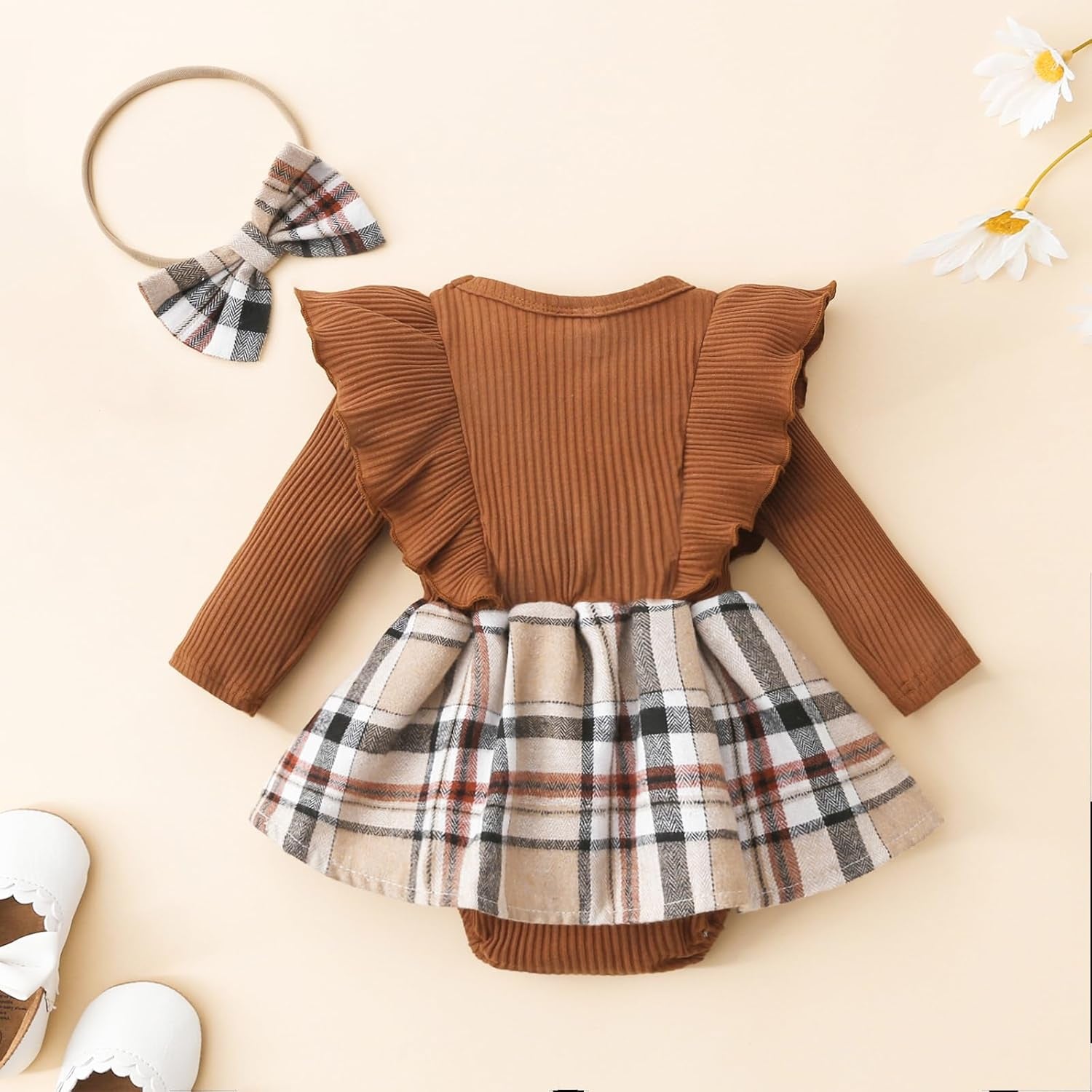Newborn Baby Girl Fall Winter Outfit Set Plaid Romper Dress Ruffles Long Sleeve Clothes Jumpsuit with Bow Headband