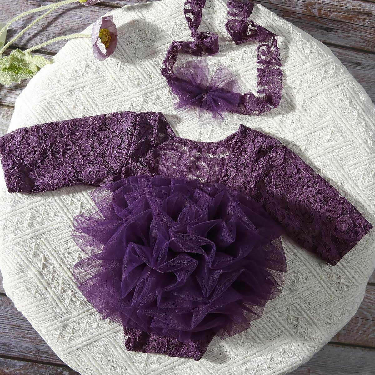 Newborn Girl Photoshoot Outfits– Pink Lace Romper + Headdress, 1 Month Baby Girl Photo Props Clothes for Newborn Photos