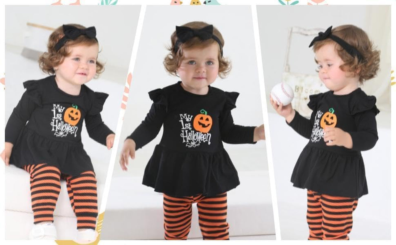 My 1St Halloween Baby Girl Outfits Ruffle Pumpkin Print Tunic Drees Shirt Stripe Pants Legging Fall Winter Clothes