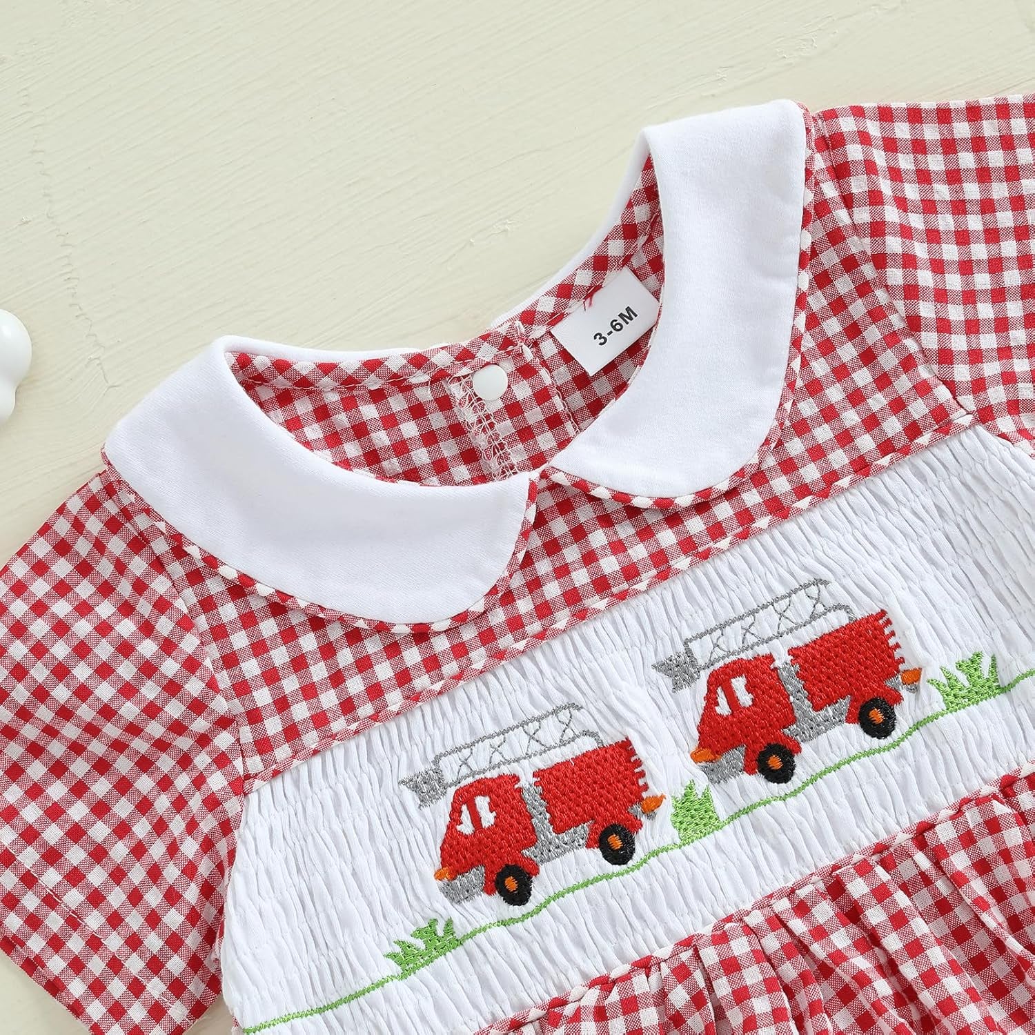 Newborn Infant Baby Girl Bubble Romper Fire Truck Doll Collar Short Sleeve Smocked Onesie Plaid Jumpsuit
