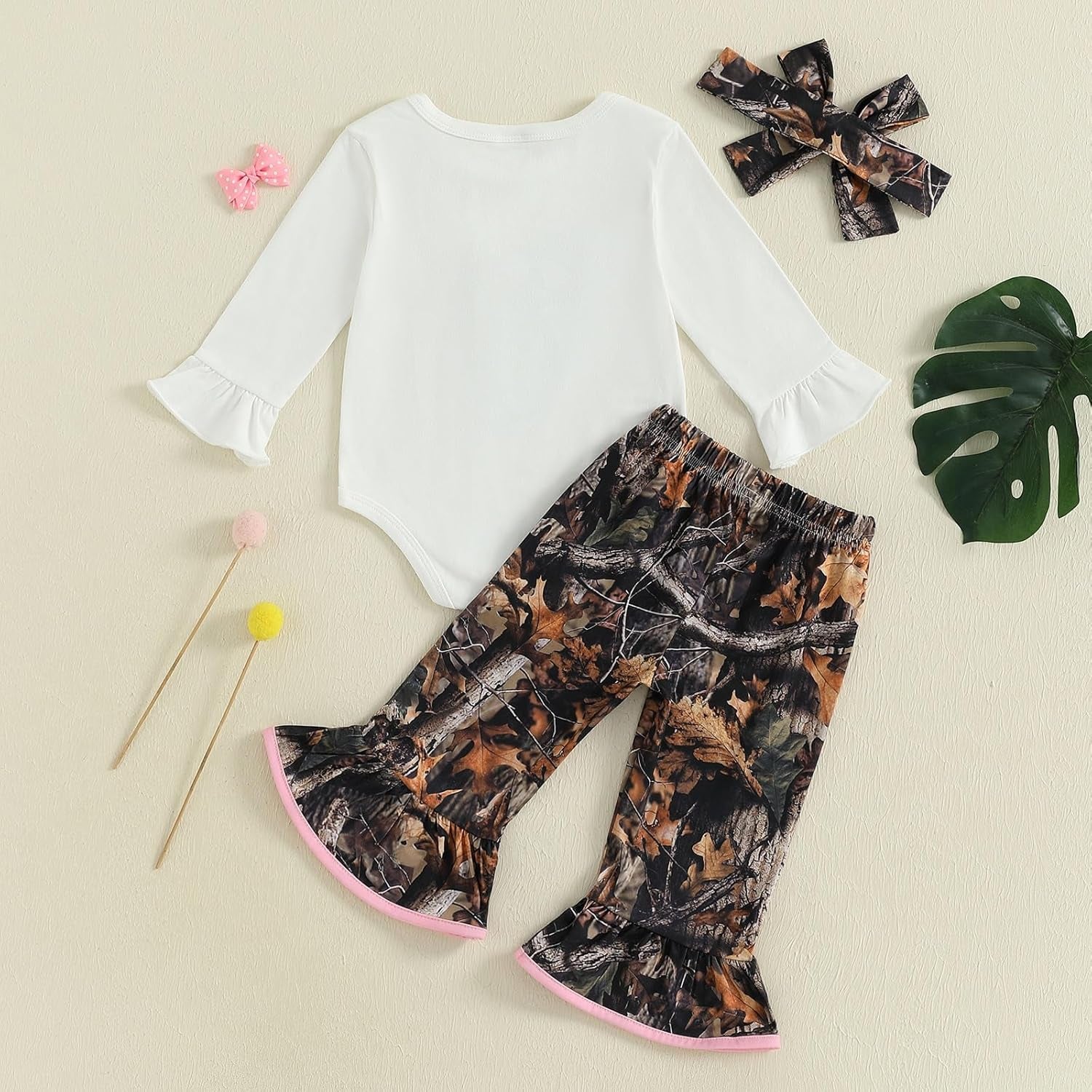 Newborn Baby Girl Hunting Clothes Deer Long Sleeve Romper Jungle Camo Flare Pants Set 3 Piece Fall Winter Outfit